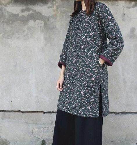 棉麻夹棉盘扣棉衣，女装棉衣/棉服，蓝院