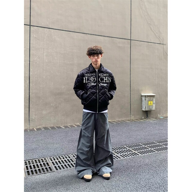 嘻哈风刺绣珍珠黑色菱格棉服夹克男美式复古街头休闲加厚保暖外套,男装夹克,四季星座505