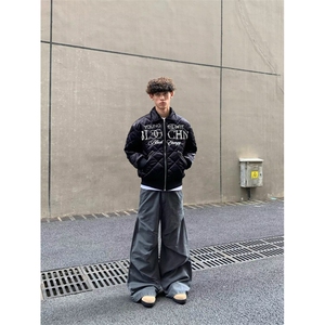 嘻哈风刺绣珍珠黑色菱格棉服夹克男美式复古街头休闲加厚保暖外套图片