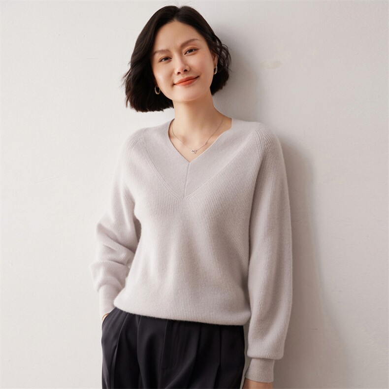 秋冬新款洋气时尚百搭显瘦女款V领35%山羊绒衫,女装羊绒衫,艾巧羊绒