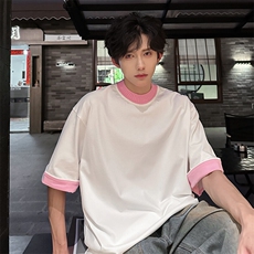 2025新款撞色T恤男美式宽松重磅高密罗口圆领短袖A210A-TX17-P38，男装T恤，电商A210A