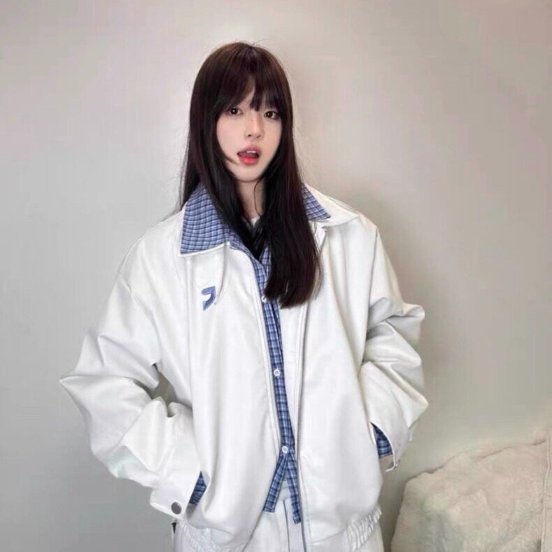 网络图现货美式复古假两件格子拼接皮衣春秋休闲外套JW27-P75,男装皮衣,星座715-7