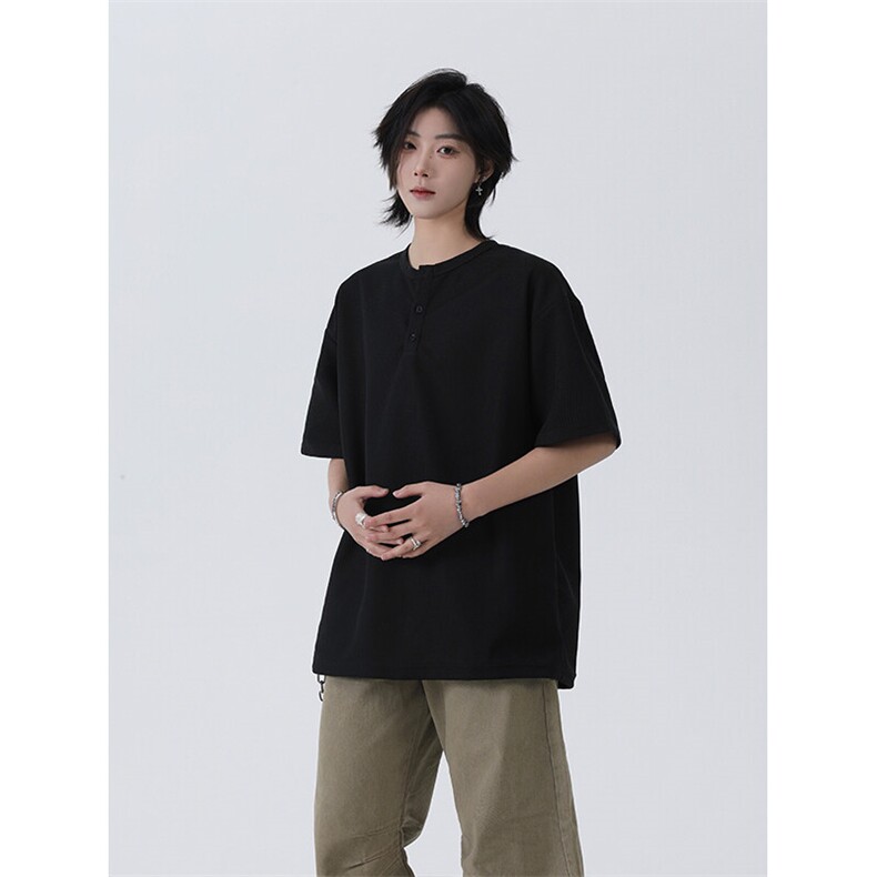 灰色华夫格亨利领T恤男夏季美式重磅正肩短袖cleanfit半袖Polo衫,男装T恤,星座213
