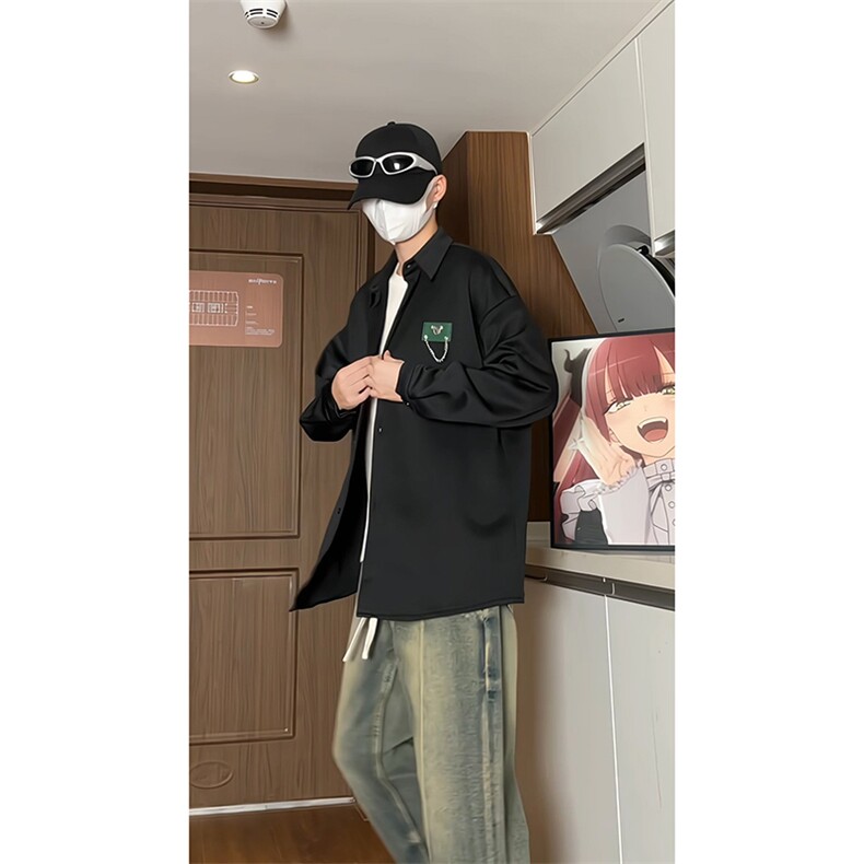 港风宽松挂链长袖衬衫男KD500-P50,男装衬衫,电商D312-1