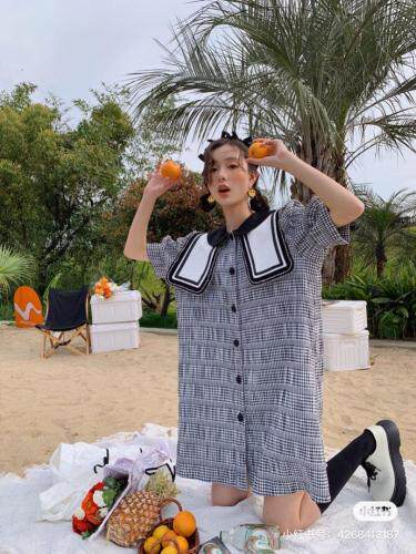 黑色格子大领子连衣裙，女装连衣裙，YOUER DENG