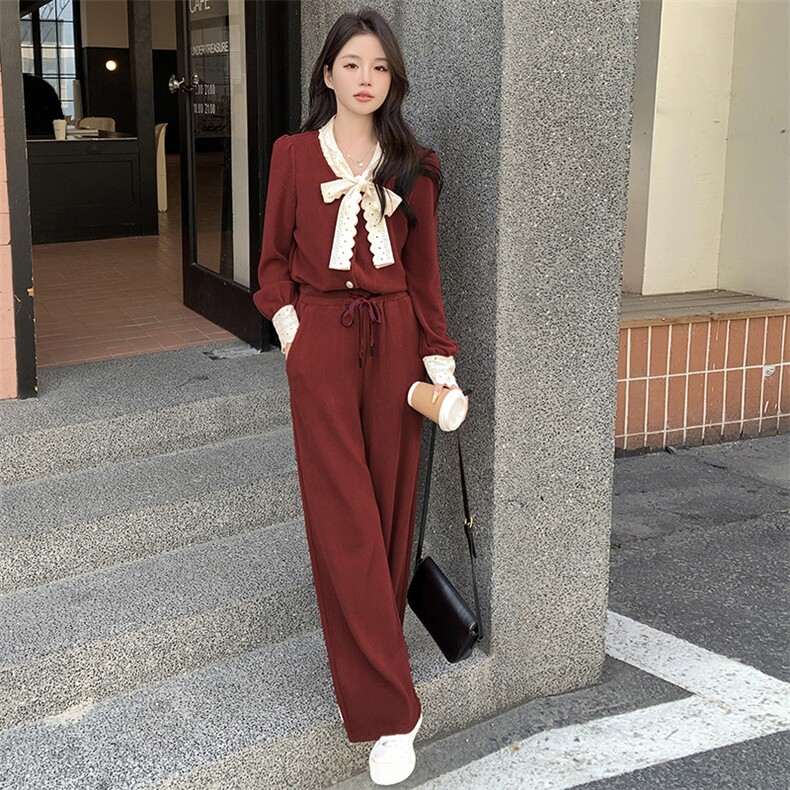 2024春季新款针织两件套蝴蝶结新年红色针织打底衫女高级短款套装,女装套装/套裙,浙宝042