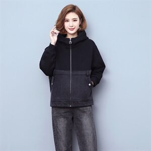 22021秋冬新款牛仔拼接连帽加绒外套,女装短外套,独衣靓
