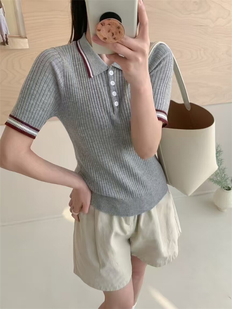 韩系学院风精纺羊毛Polo领正肩减龄短袖,女装T恤,艾米娇羊绒
