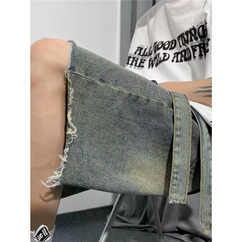 复古做旧黄泥染牛仔短裤男夏季美式高街潮牌痞帅宽松五分裤XX1013图片