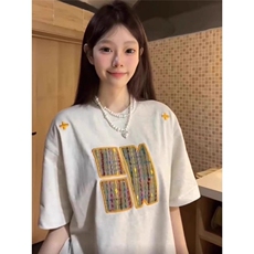 藏青色刺绣高级感情侣款重磅短袖T恤男女春夏季美式复古半袖上衣，男装T恤，星座506A