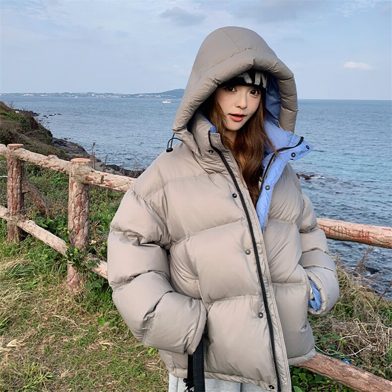 休闲灰色连帽短款泡芙羽绒服女冬超火好看高级小众加厚面包服外套,女装羽绒服,浙宝285（原212）