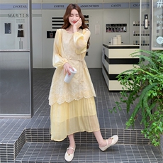 温柔风甜美假两件黄色连衣裙女春秋2025新款法式优雅超火绝美裙子，女装连衣裙，2C158