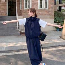 藏青色工装休闲套装裙女2025夏季新款韩系慵懒风马甲半身裙两件套，女装套装/套裙，2C316