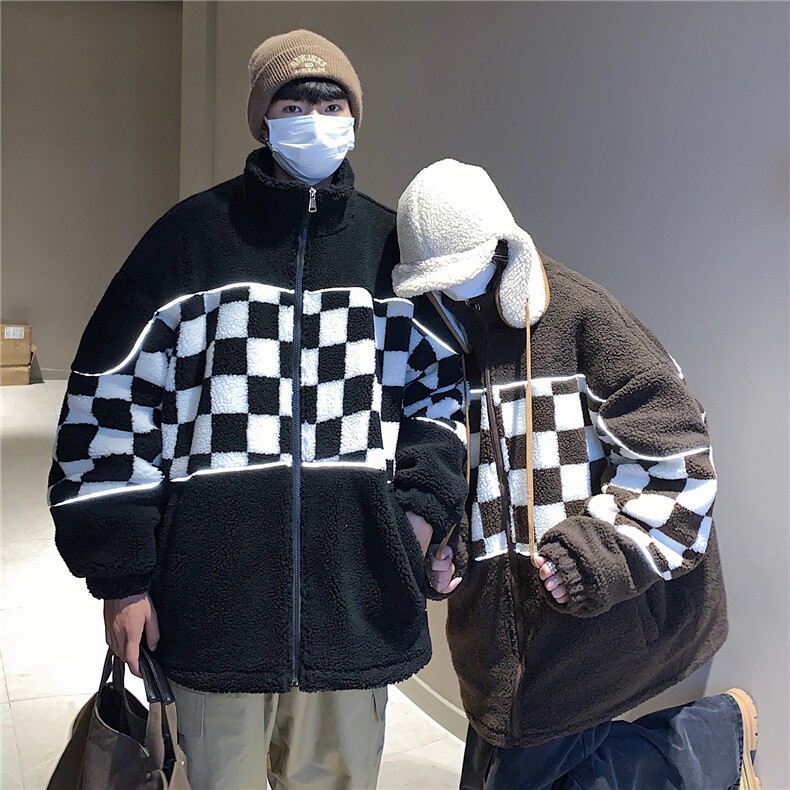 情侣装冬装反光拼接棋盘格加厚羊羔毛情侣棉衣宽松外套G1029P118,男装棉衣,电商A339