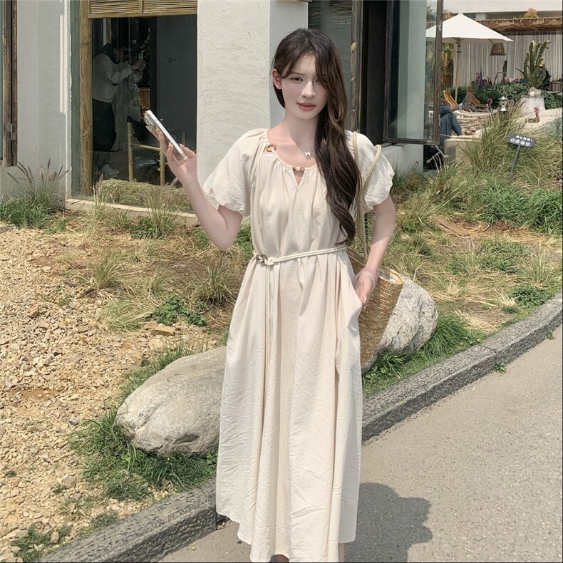 【新款】中长款杏色短泡泡袖套头连衣裙1C042-P135-K205,女装连衣裙,安在秀