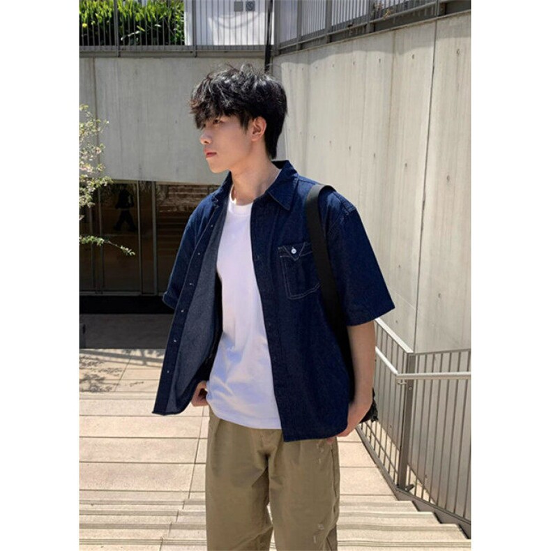复古纯色翻领盘扣短袖牛仔衬衫男女中性做旧五分袖宽松衬衣C26,男装衬衫,星座1116A（原606A-3）