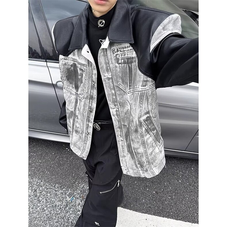美式街头复古拼接重工水洗牛仔pu皮垫肩夹克外套PY8570-P78,男装夹克,星座208-5