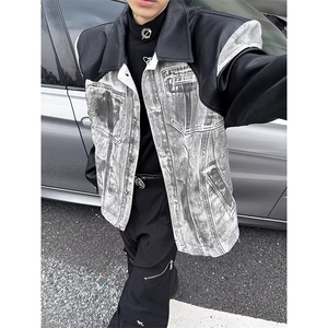 美式街头复古拼接重工水洗牛仔pu皮垫肩夹克外套PY8570-P78