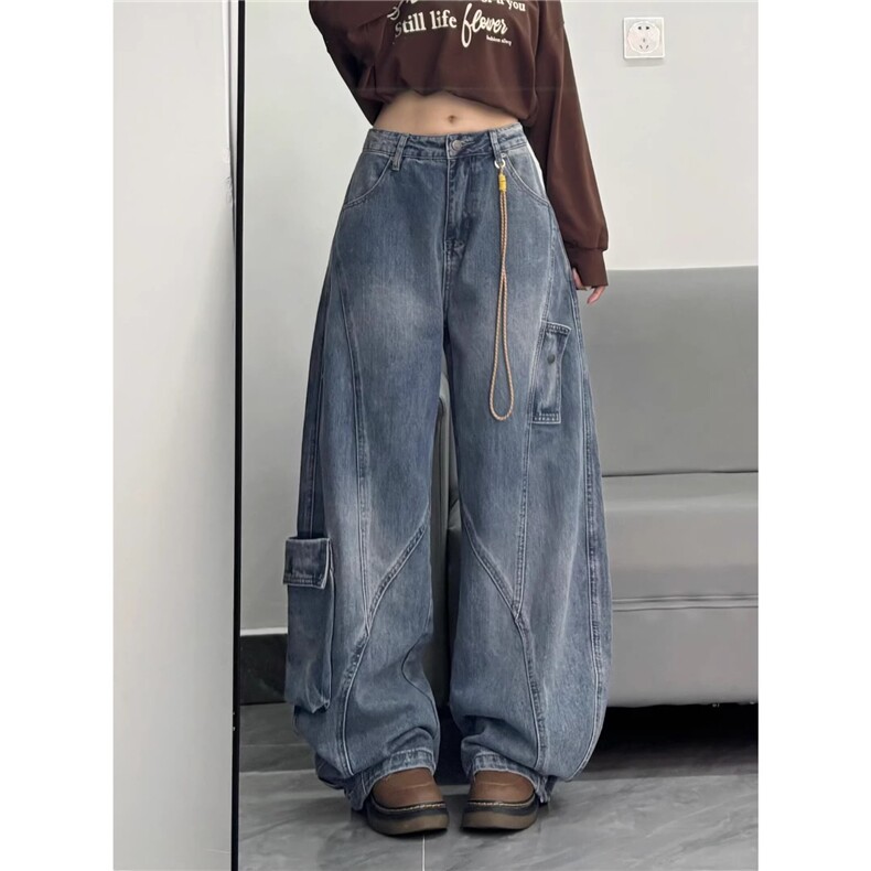 美式廓形弯刀牛仔裤男女同款潮牌设计感小众直筒阔腿长裤,男装牛仔裤,星座506A