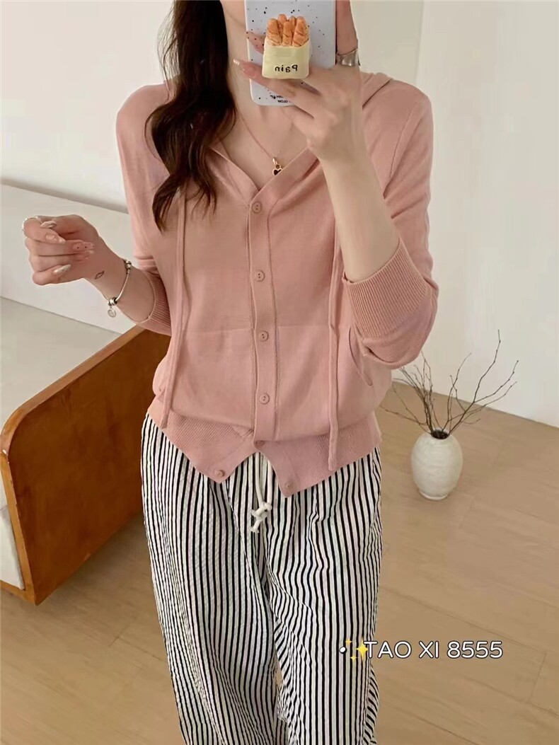 新款韩版修身显瘦粉色羊毛开衫帽衫女长袖外套图片