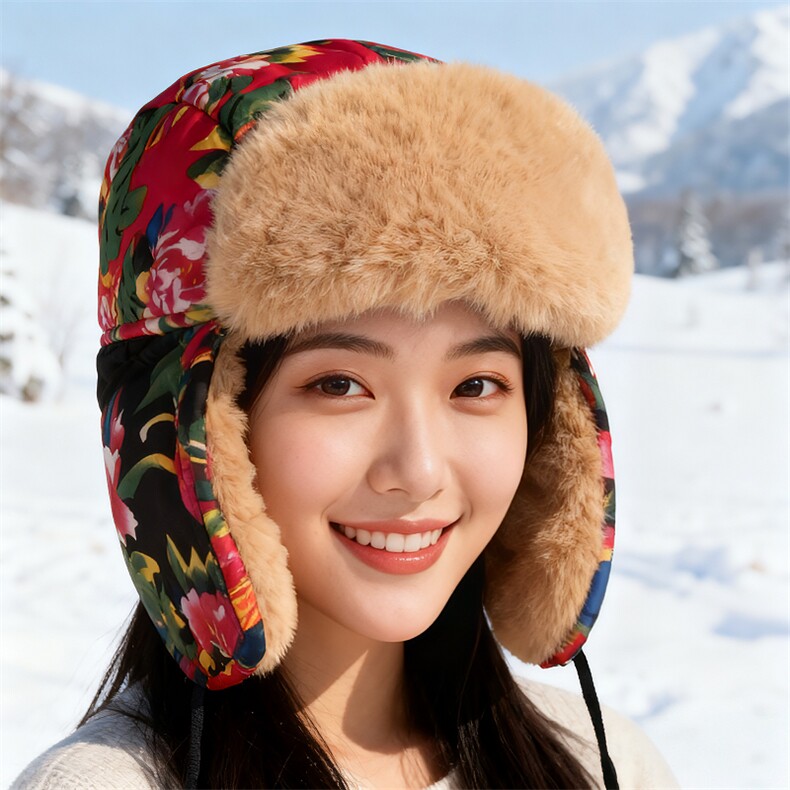 民族风大花东北雷锋帽男女冬季加绒护耳帽防寒骑车防风帽A02-P35，男装民族服装，星座1105-3