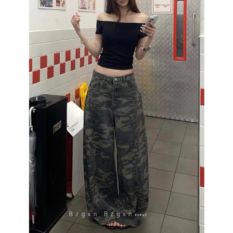 美式复古迷彩阔腿牛仔裤女夏季新款街头辣妹宽松廓形拖地弯刀长裤，女装牛仔裤，星座218-8