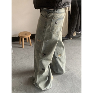 【有货】A312CC-特P48 腊肠狗刺绣牛仔裤男女宽松阔腿裤子图片