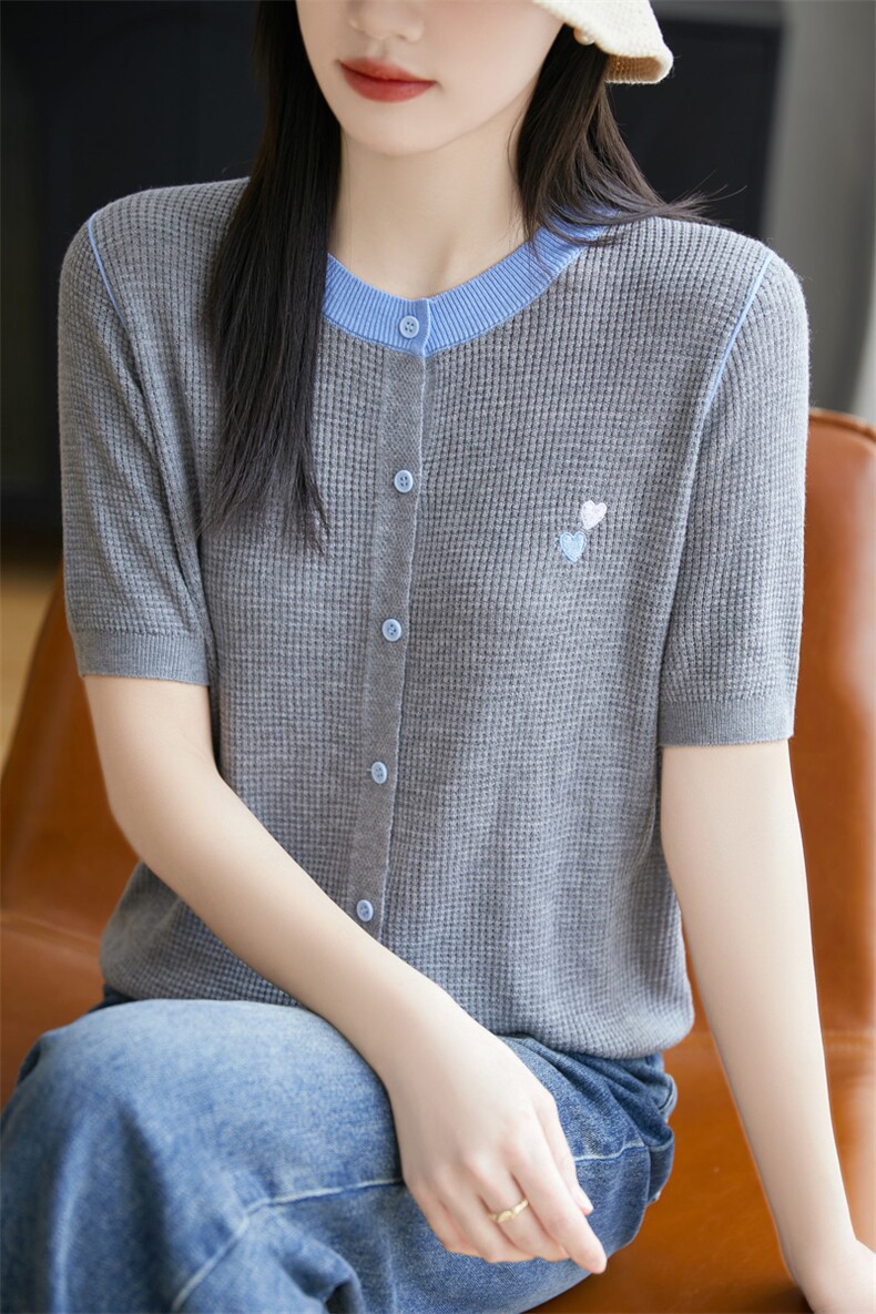 莱赛尔天丝针织短袖开衫女圆领甜美爱心拼色半袖T恤宽松打底上衣,女装蕾丝衫/雪纺衫,菲奥羊绒