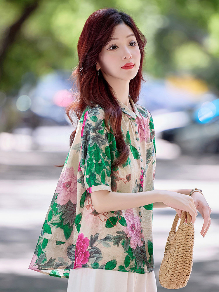 时尚气质阔腿裤女2025夏新款宽松洋气减龄时髦碎花衬衫,女装衬衫,魅影