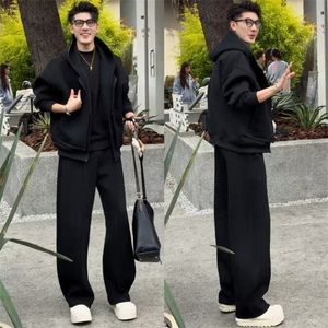运动宽松帅气百搭假两件外套长裤一整套搭配男士流行成熟气质套装图片