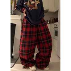 美式复古设计感拼色格子抽绳休闲裤百搭阔腿拖地长裤男女K5391，男装休闲裤，星座1116A（原606A-3）
