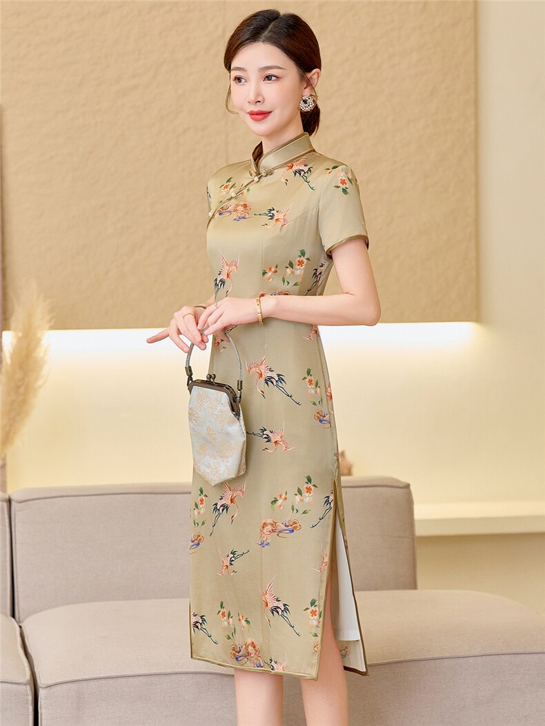 杭州品质真丝中长裙复古印花连衣裙女春夏日常修身潮流真丝旗袍,女装汉服/婚纱/旗袍/礼服,小荷流