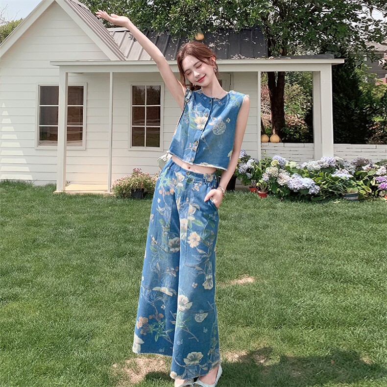 2025夏季新款时尚显瘦洋气减龄牛仔衬衫+阔腿裤两件套小个子马甲,女装套装/套裙,浙宝二楼003号