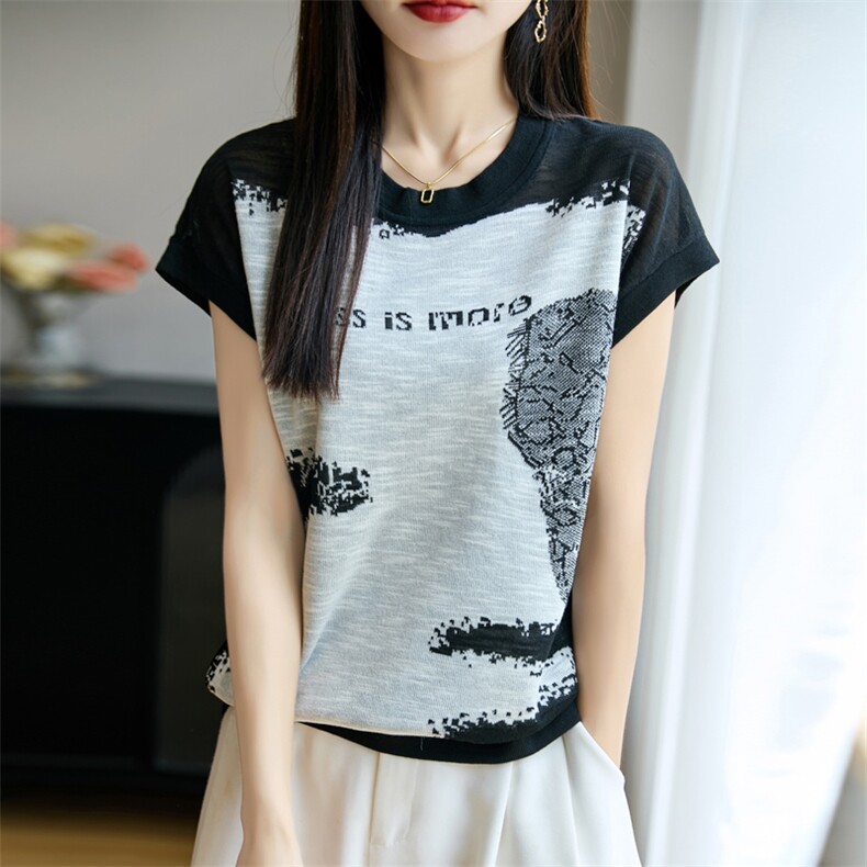 夏季新款14针竹节麻字母拼色短袖女修身显瘦百搭时尚休闲上衣,女装T恤,贵皇网供仓