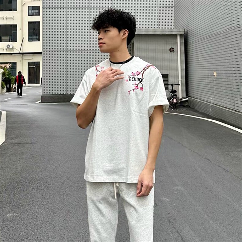 万针全刺绣工艺抖音得物高品质260克重磅纯棉双纱美式高街短袖T恤,男装T恤,电商A486-1