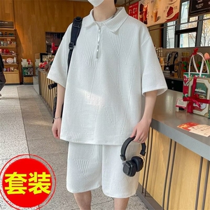 夏季大码潮牌提花翻领半拉链POLO衫男宽松潮流痞帅薄款运动两件套图片