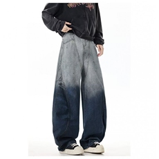 帛跃港风潮牌渐变泼墨弯刀牛仔裤嘻哈做旧扎染阔腿镰刀裤男，男装牛仔裤，四季星座505