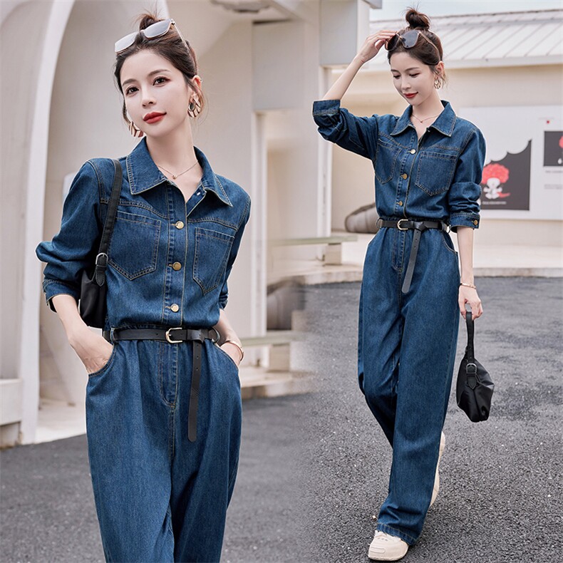 现货主推2025早春新款时尚潮流牛仔连体阔腿长裤（送腰带），女装连体裤，新思路