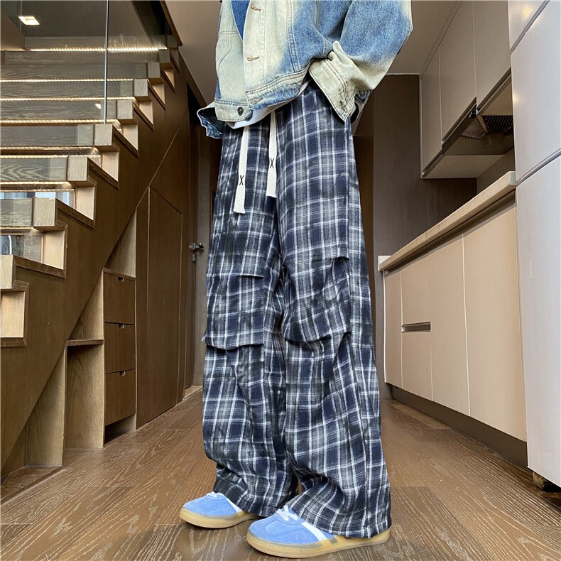 抖音品质秋季新款美式复古格子宽松休闲卫裤B315-K806-特p35控68图片