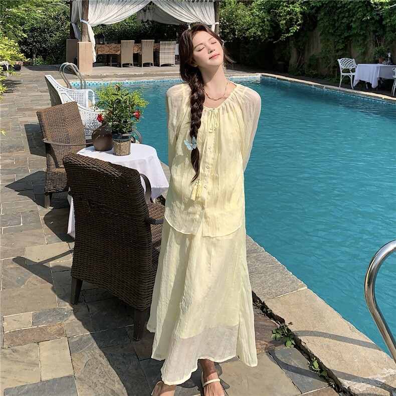 黄色奶fufu系带长袖上衣吊带套装女2025夏季新款显瘦半身裙三件套,女装套装/套裙,2D045