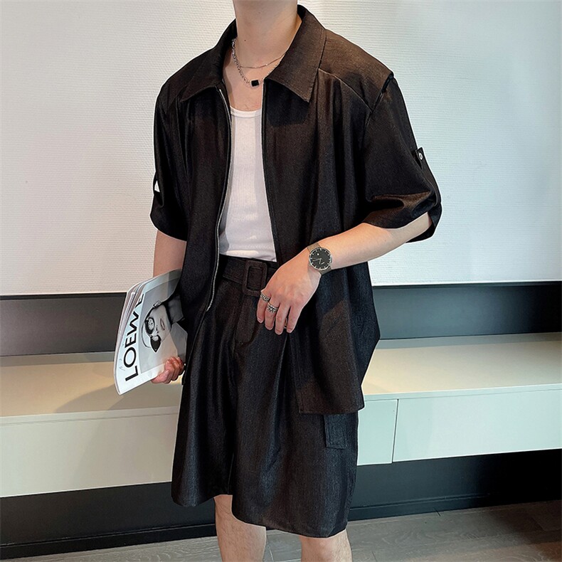 夏季网红时尚天丝牛仔中袖衬衫男套装时尚短裤两件套潮TZ262-P135,男装牛仔裤,电商B267
