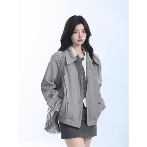 潮美式高级灰色褶皱夹克女cleanfit秋季复古设计感小众宽松外套图片