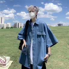港风复古牛仔衬衫男夏新款短袖衬衣宽松休闲工装外套W3421-P40，男装衬衫，星座512-2