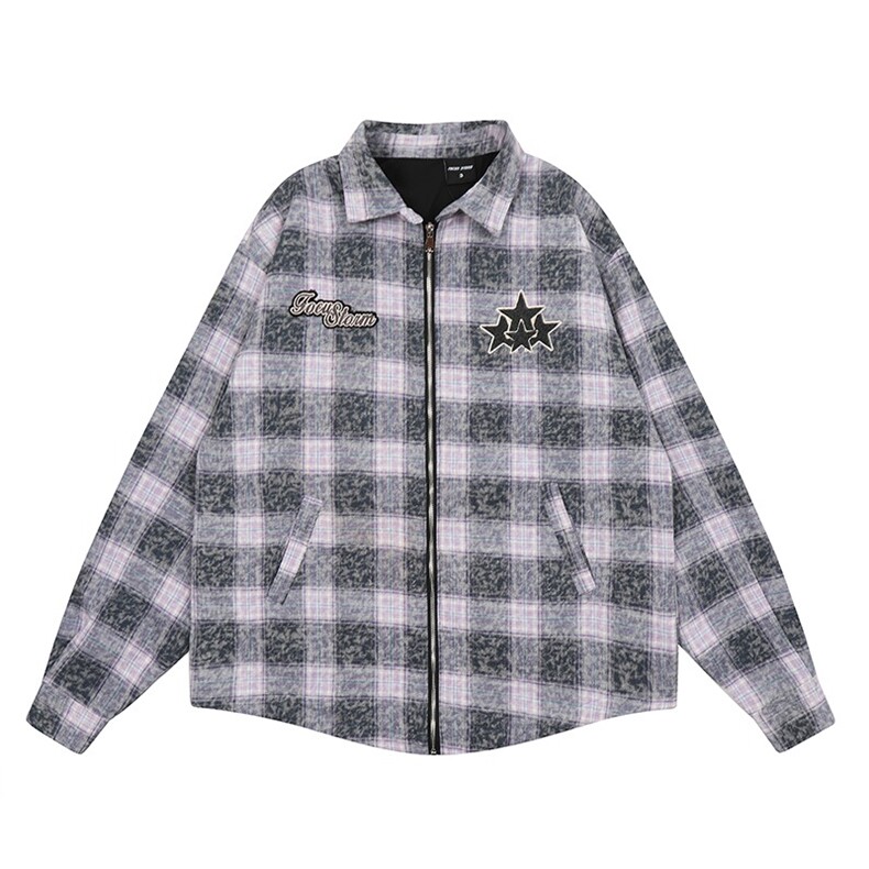 美式复古格子星星刺绣夹克男女春秋季设计潮宽松小众拉链上衣外套,男装夹克,星座302B