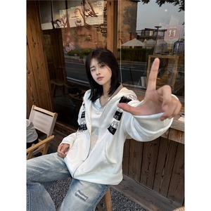 欧美式街头字母贴布麂皮连帽卫衣男女秋冬季夹克运动开衫外套潮牌图片