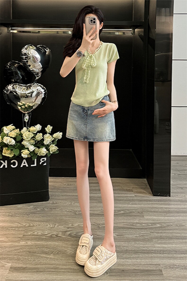 欧货潮流时尚套装女夏新款蕾丝拼接蝴蝶结针织衫牛仔短裙两件套,女装套装/套裙,江南