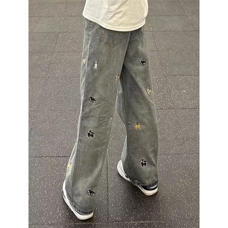腊肠狗刺绣牛仔裤男美式高街裤子设计感高级直筒裤男WYA23-P50,男装牛仔裤,星座208-5