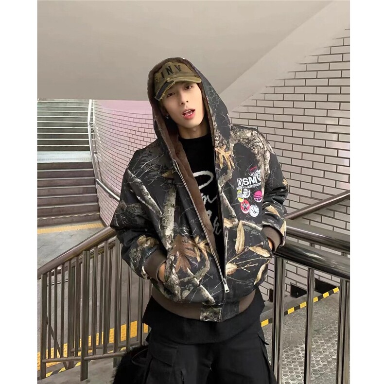 美式连帽牛仔棉服男女重磅迷彩树枝座山雕复古加绒加厚夹克外套潮,男装夹克,星座506A