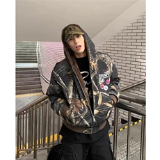 美式连帽牛仔棉服男女重磅迷彩树枝座山雕复古加绒加厚夹克外套潮，男装夹克，星座506A