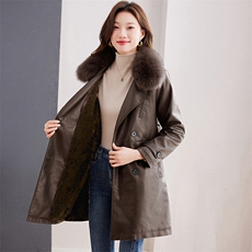 加绒皮衣女中长款2023新款秋冬韩版高级感气质西装领加厚风衣外套，女装棉衣/棉服，潮流依族